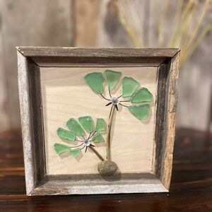 Handcrafted Rustic Framed Sea Glass Green Flower Art